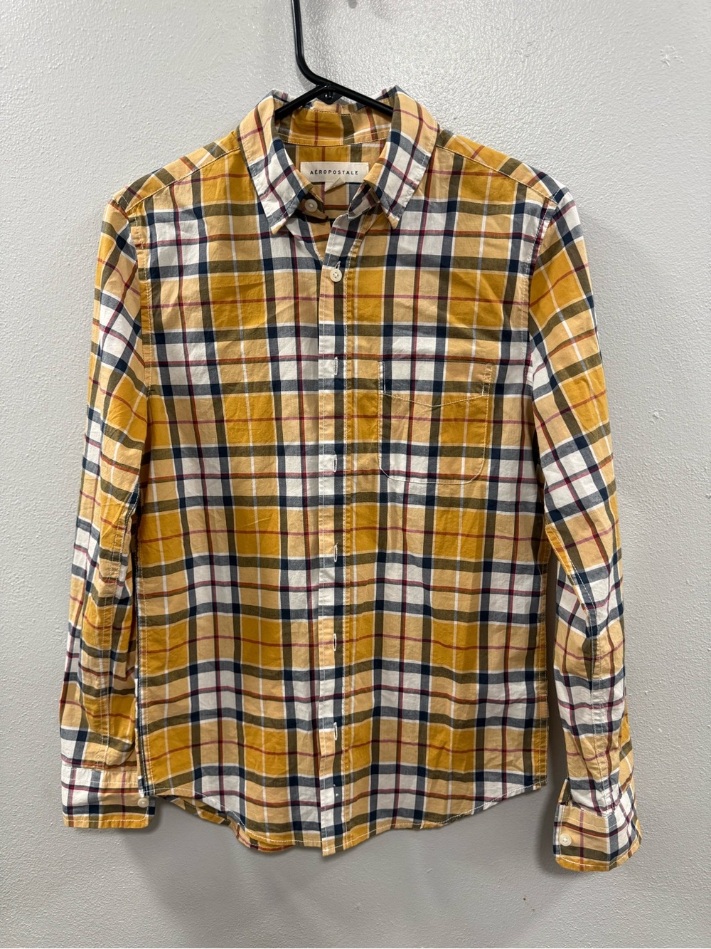 Aeropostale Men's Yellow Plaid Button-Down Shirt with Navy Accents